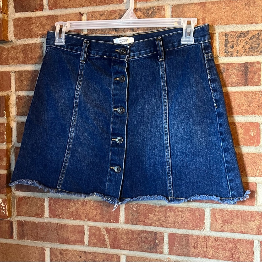 Forever 21 Women 30 Premier Denim Button Front Jean Mini Skirt Raw Hem Fringe
